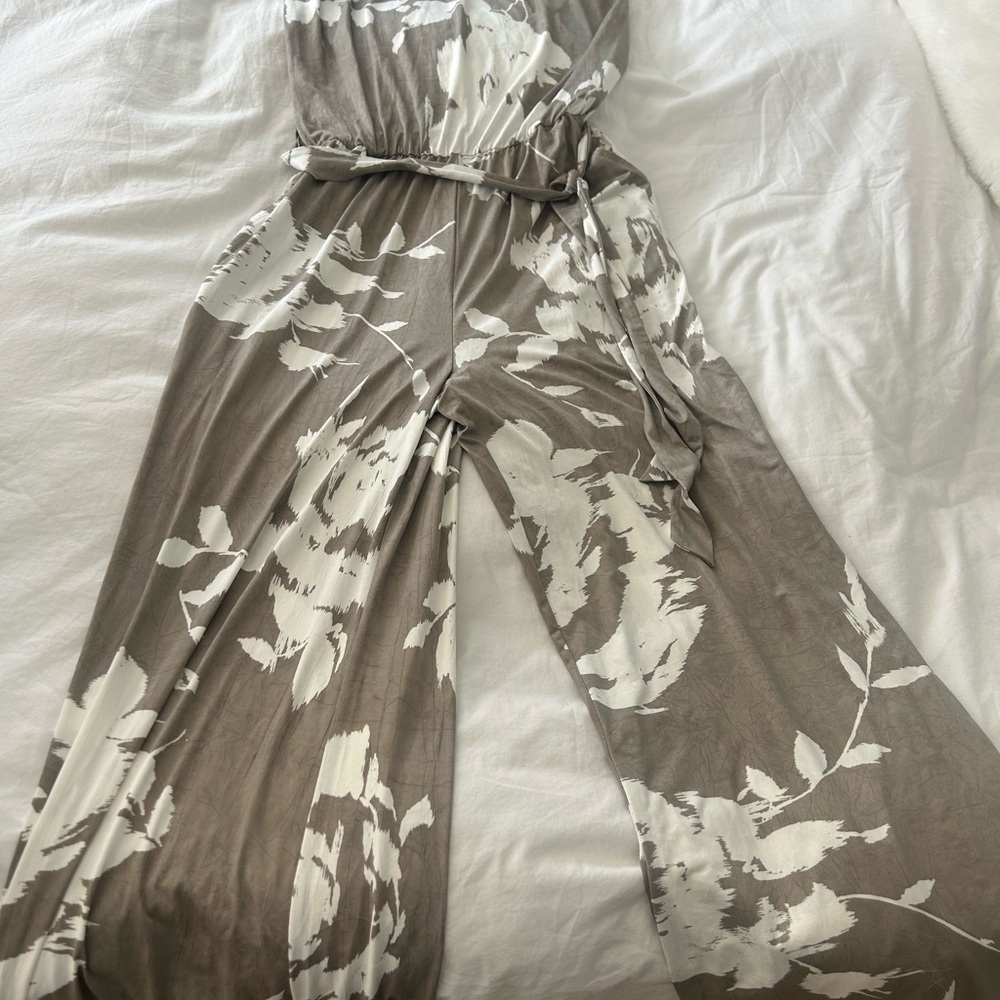 Clara Sun Woo Floral Print Jumpsuit in Taupe and White